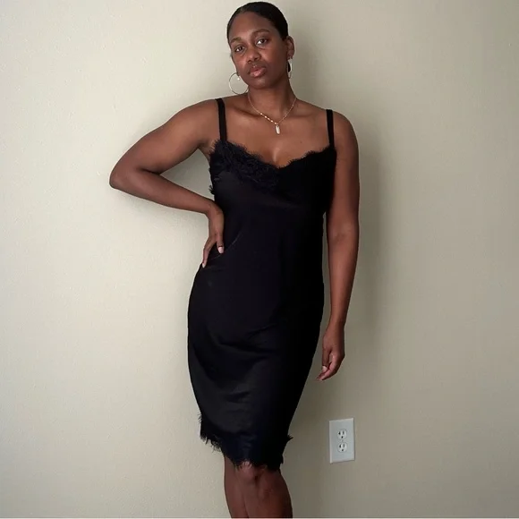 Rebecca Minkoff Black Lace Trim Midi Slip Dress Size Medium - Picture 2 of 14